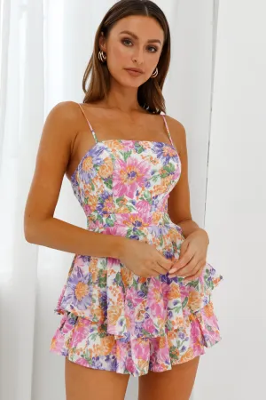 Alexandria Square Neckline Tie Back Romper Flower Print White Multi