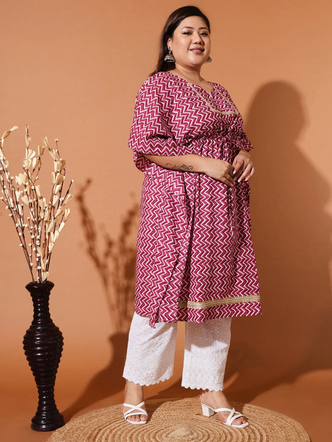 ALIA - PINK AND WHITE PRINTED KAFTAN PLUS CO-ORD SET