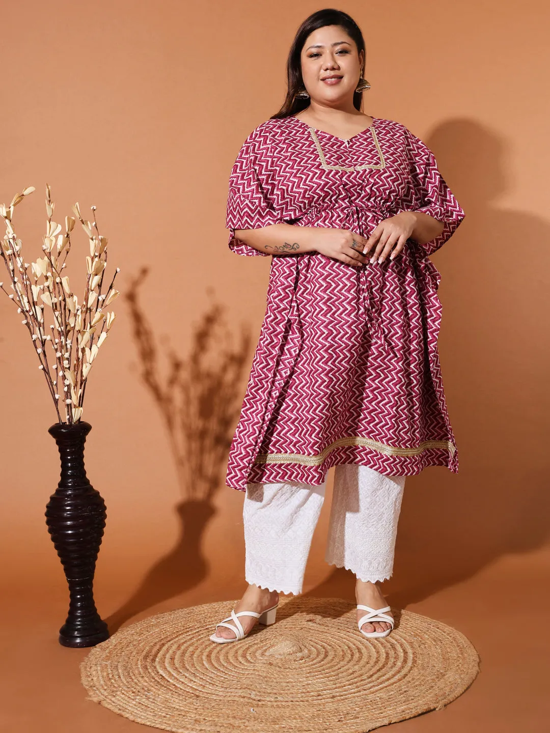 ALIA - PINK AND WHITE PRINTED KAFTAN PLUS CO-ORD SET