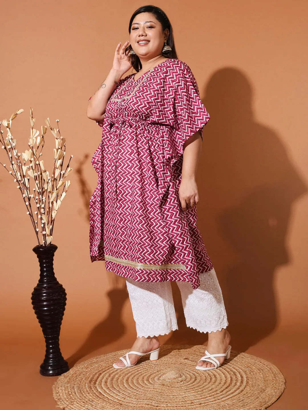 ALIA - PINK AND WHITE PRINTED KAFTAN PLUS CO-ORD SET