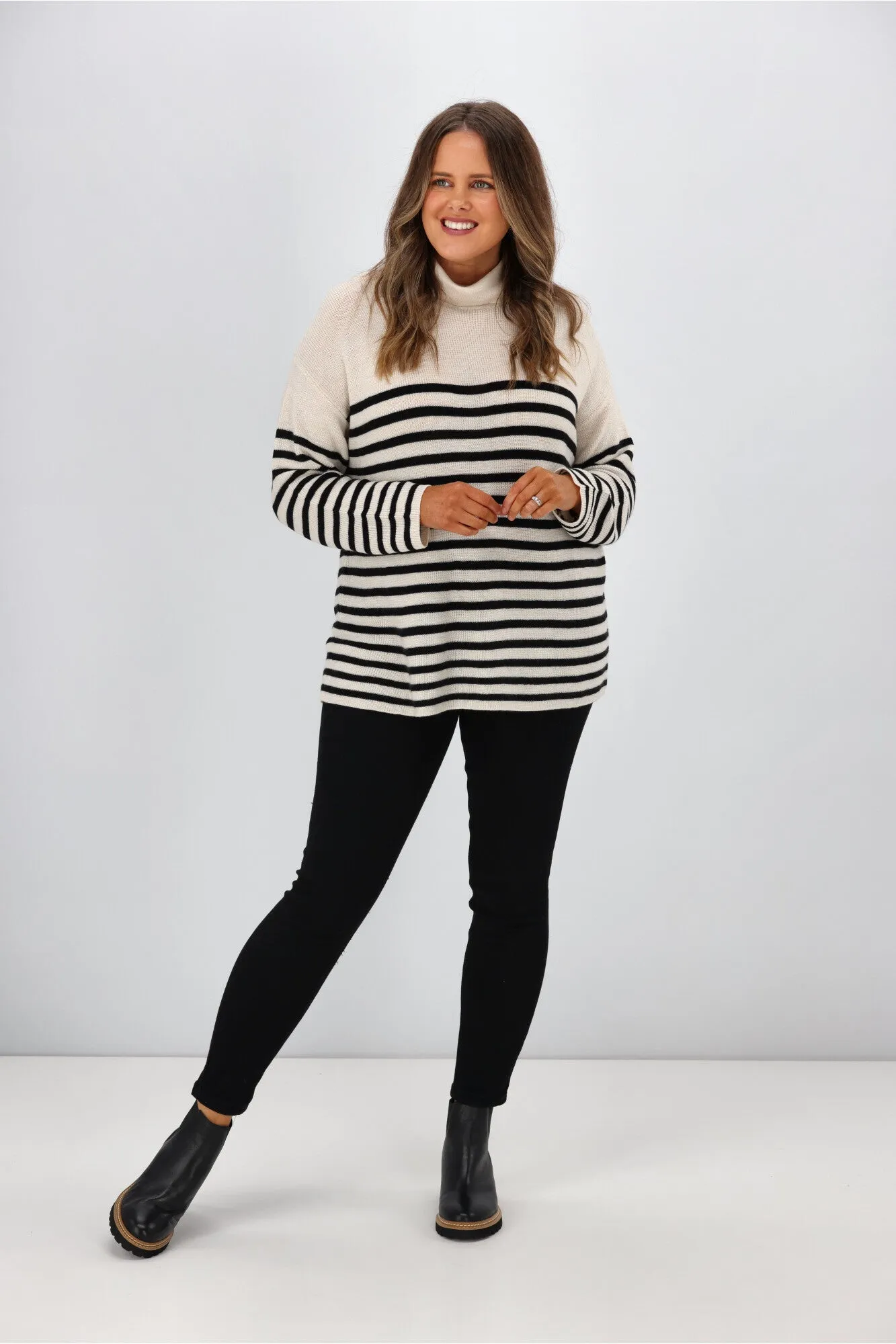 Alpine by Shine On Amberley Striped Merino Jumper Oatmeal Black