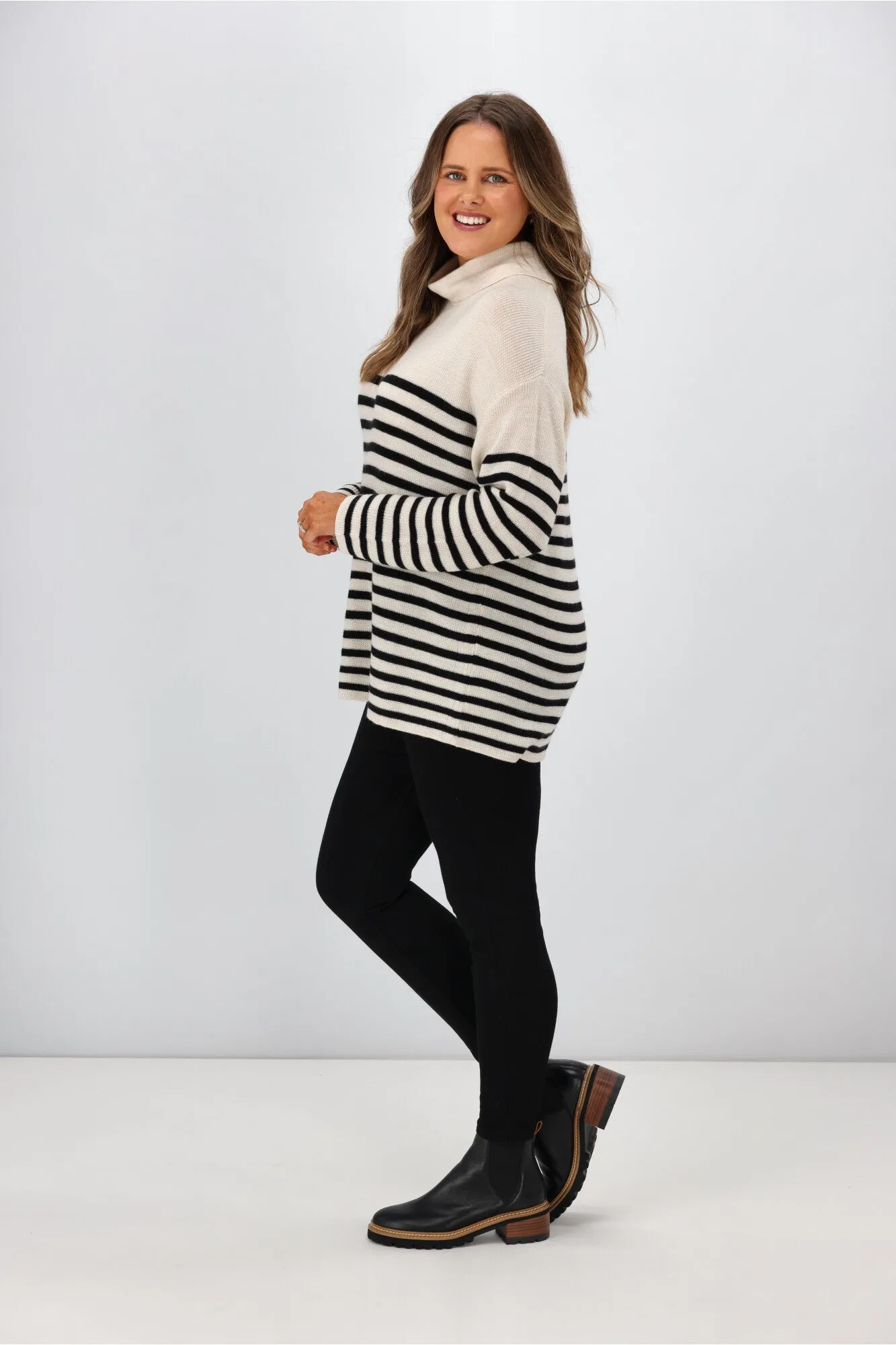 Alpine by Shine On Amberley Striped Merino Jumper Oatmeal Black