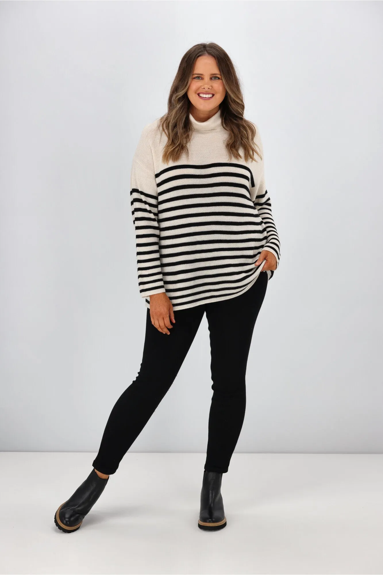 Alpine by Shine On Amberley Striped Merino Jumper Oatmeal Black