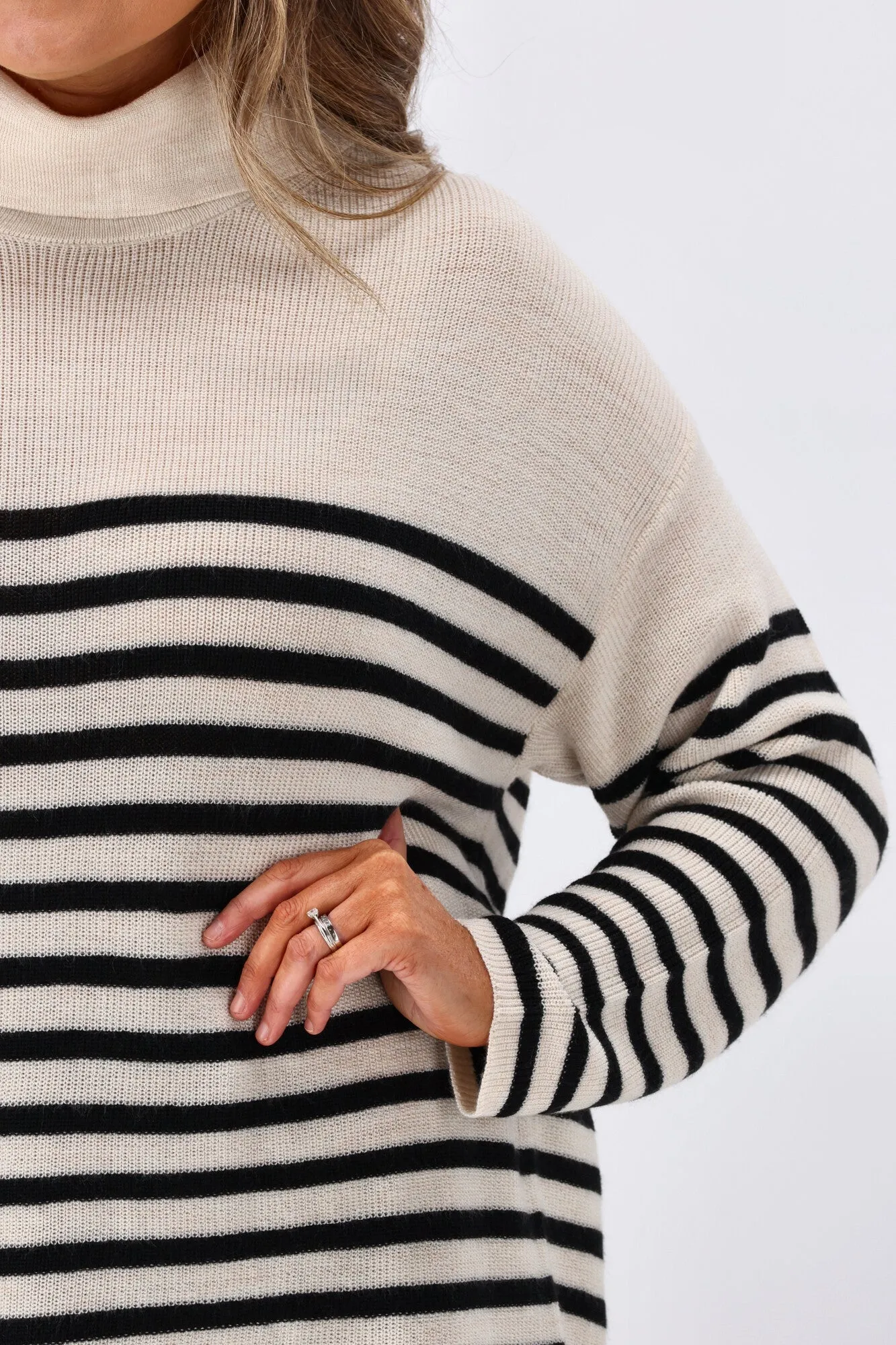 Alpine by Shine On Amberley Striped Merino Jumper Oatmeal Black