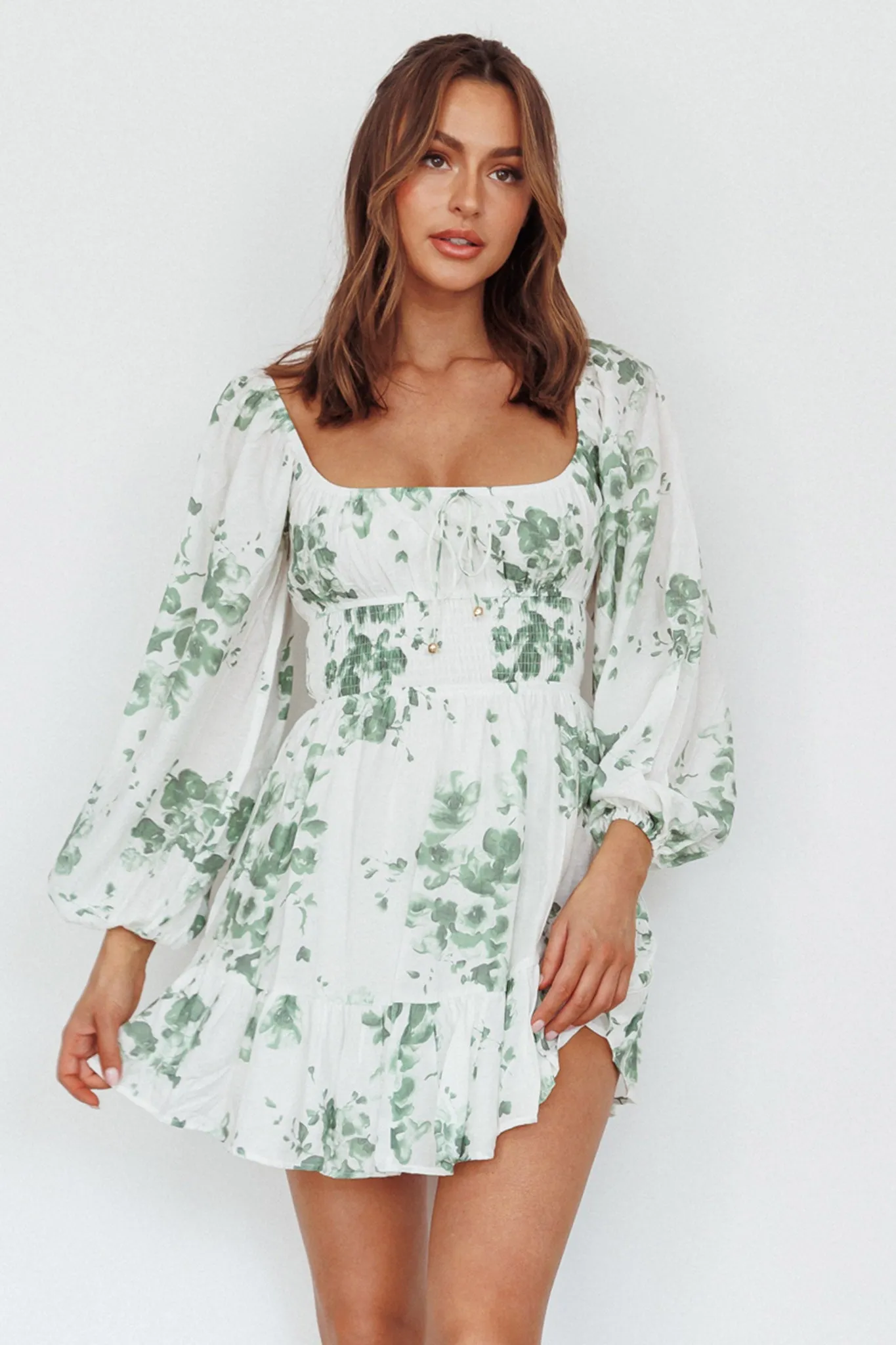 Amilie Shirred Long Sleeve Dress Floral White/Olive