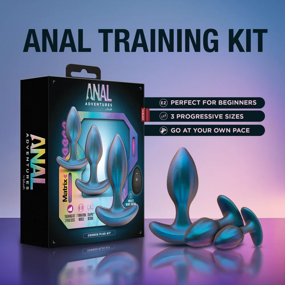 Anal Adventures Matrix By Blush® | Cosmos Plug Vibrating Anal Training Kit With Wireless Remote - Stayput™ Technology & AnchorTech™ Base - Lunar Blue