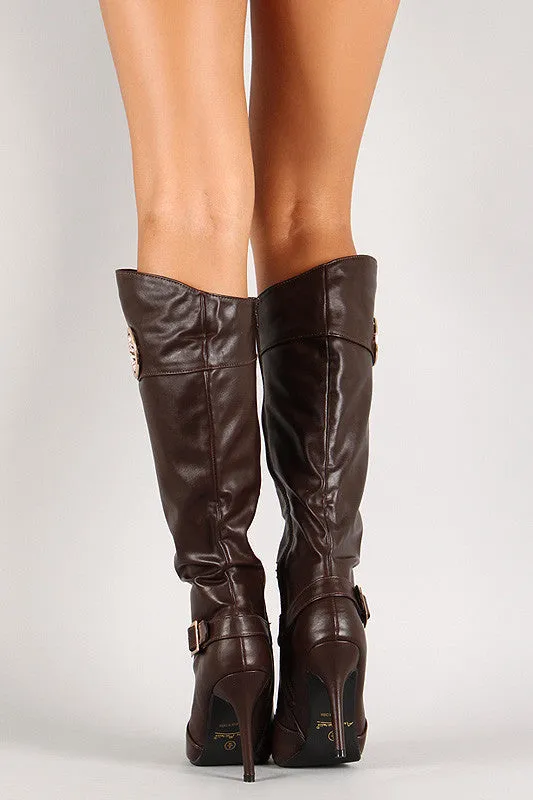 Anne Michelle Rhinestone Emblem Pointy Toe Knee High Boot