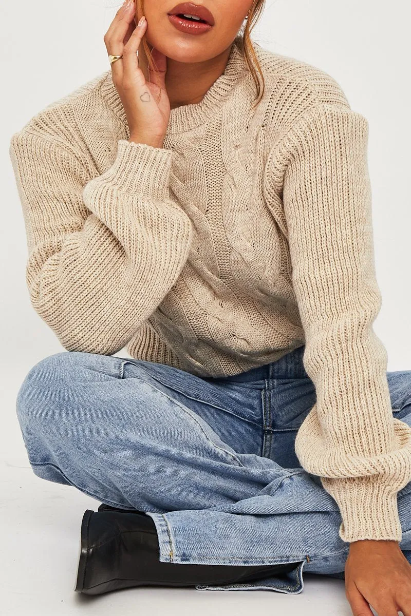 Beige Cable Front Round Neck Jumper - Idah