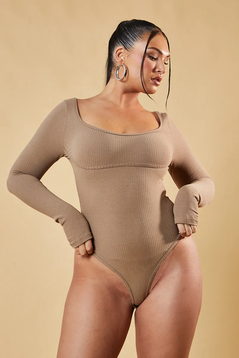 Beige Rib Knit Long Sleeve Bodysuit - Vari