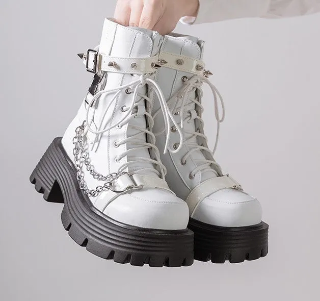 Bondora Silver Chains Black White Brown Plantform Combat Boots