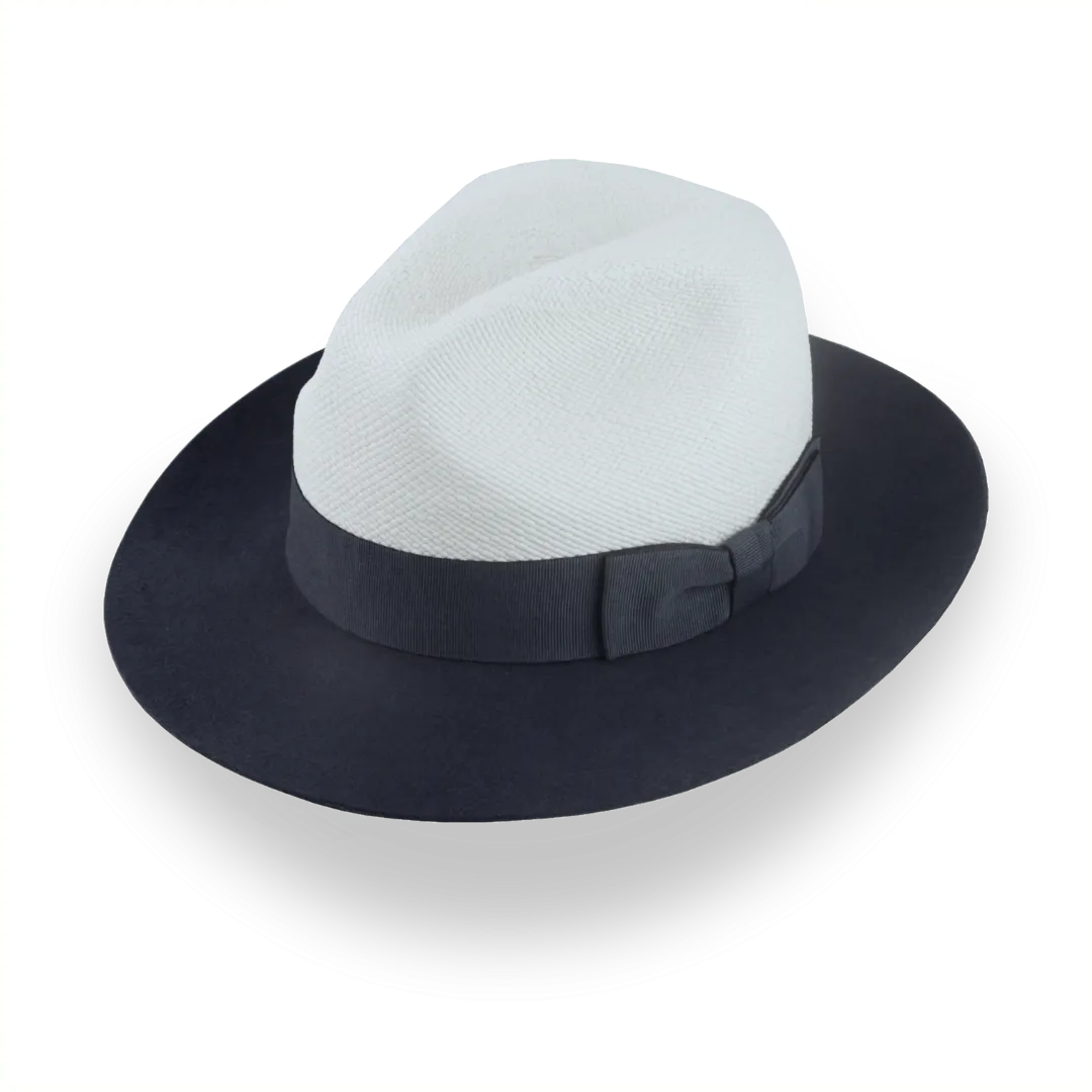 Dark Grey and Off-White Two-Tone Panama Fedora Hat with Felt Brim | The Monarch