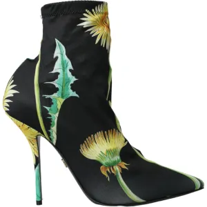 Dolce & Gabbana Black Floral Jersey Stretch Ankle Boots Shoes