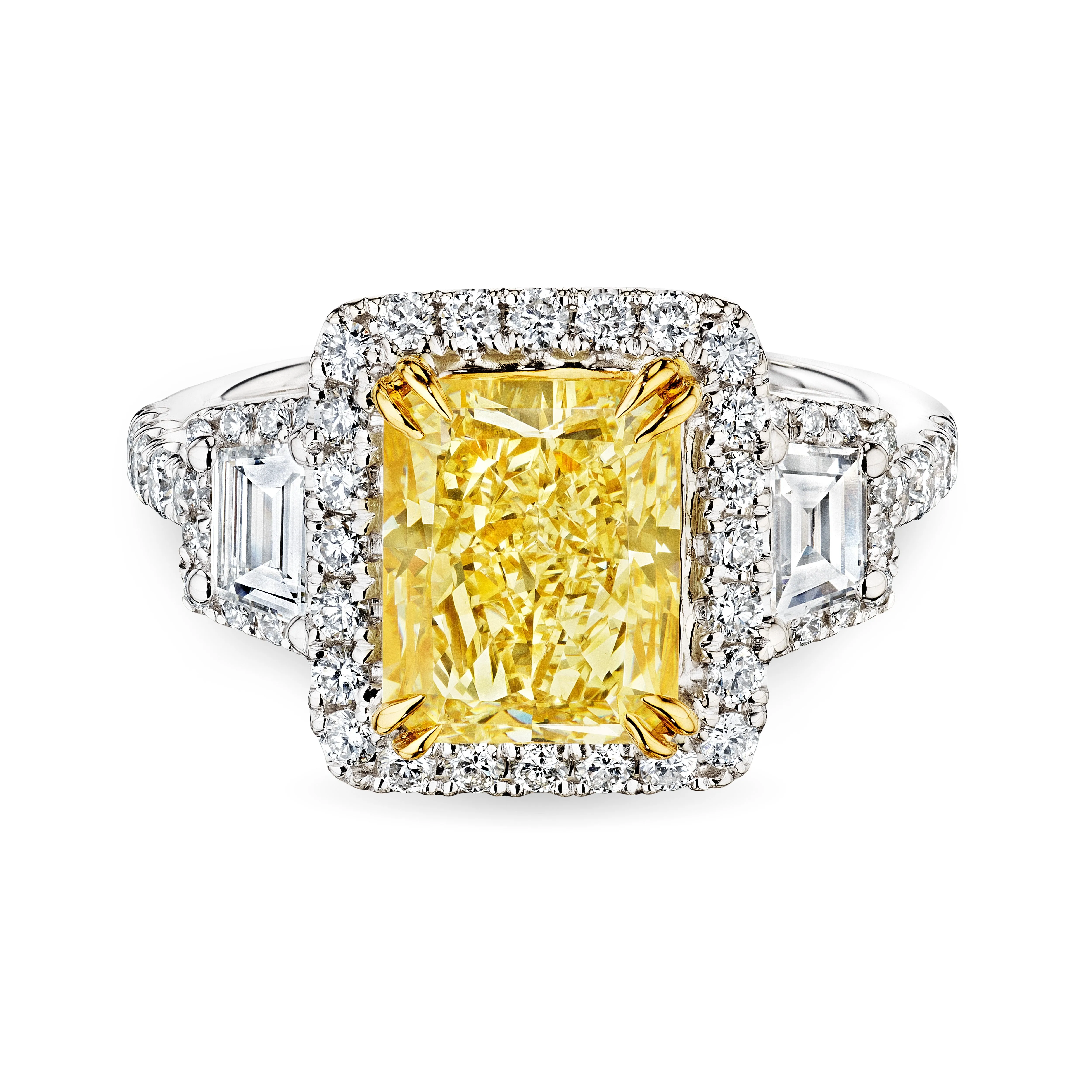 Fancy Yellow Diamond Ring with Halo and Trapezoids, 3 CT