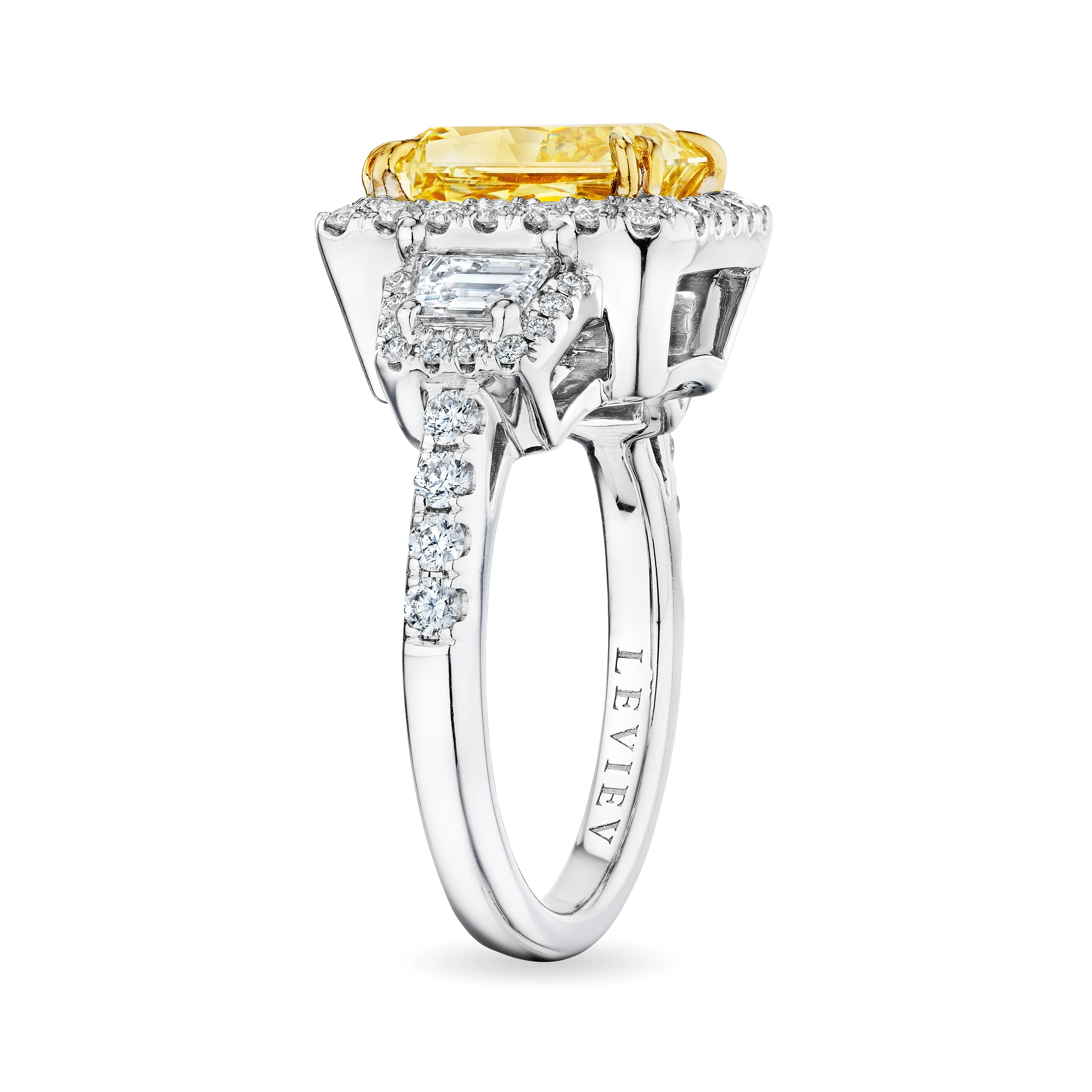 Fancy Yellow Diamond Ring with Halo and Trapezoids, 3 CT