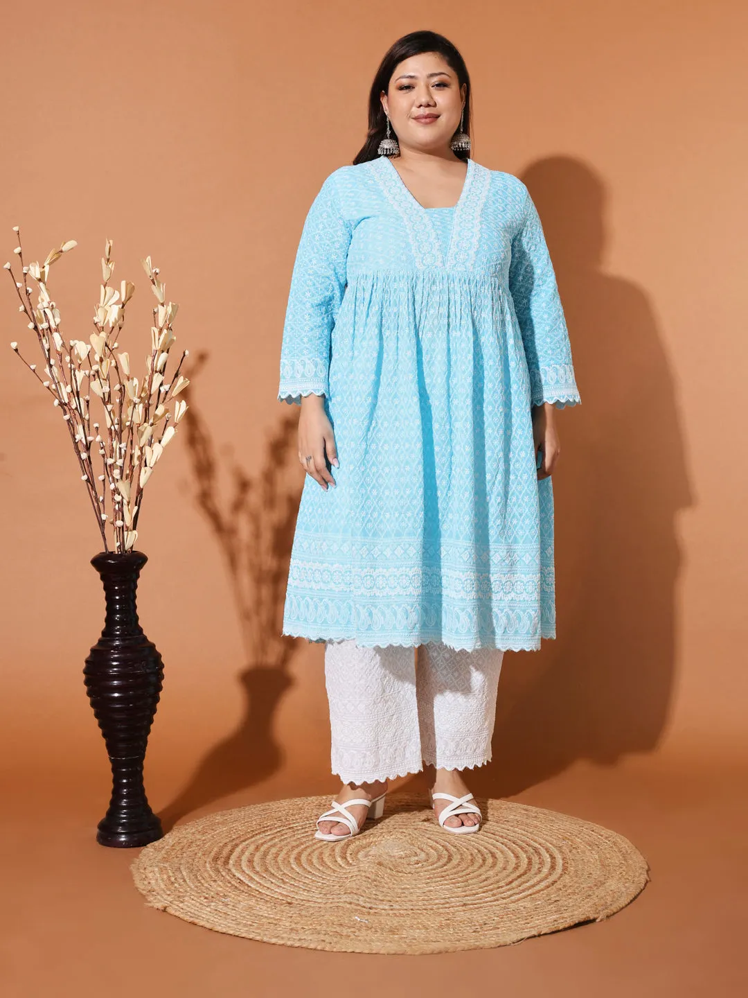 MIMI - BLUE AND WHITE THREAD WORK KURTA PLUS CO-ORDS SET