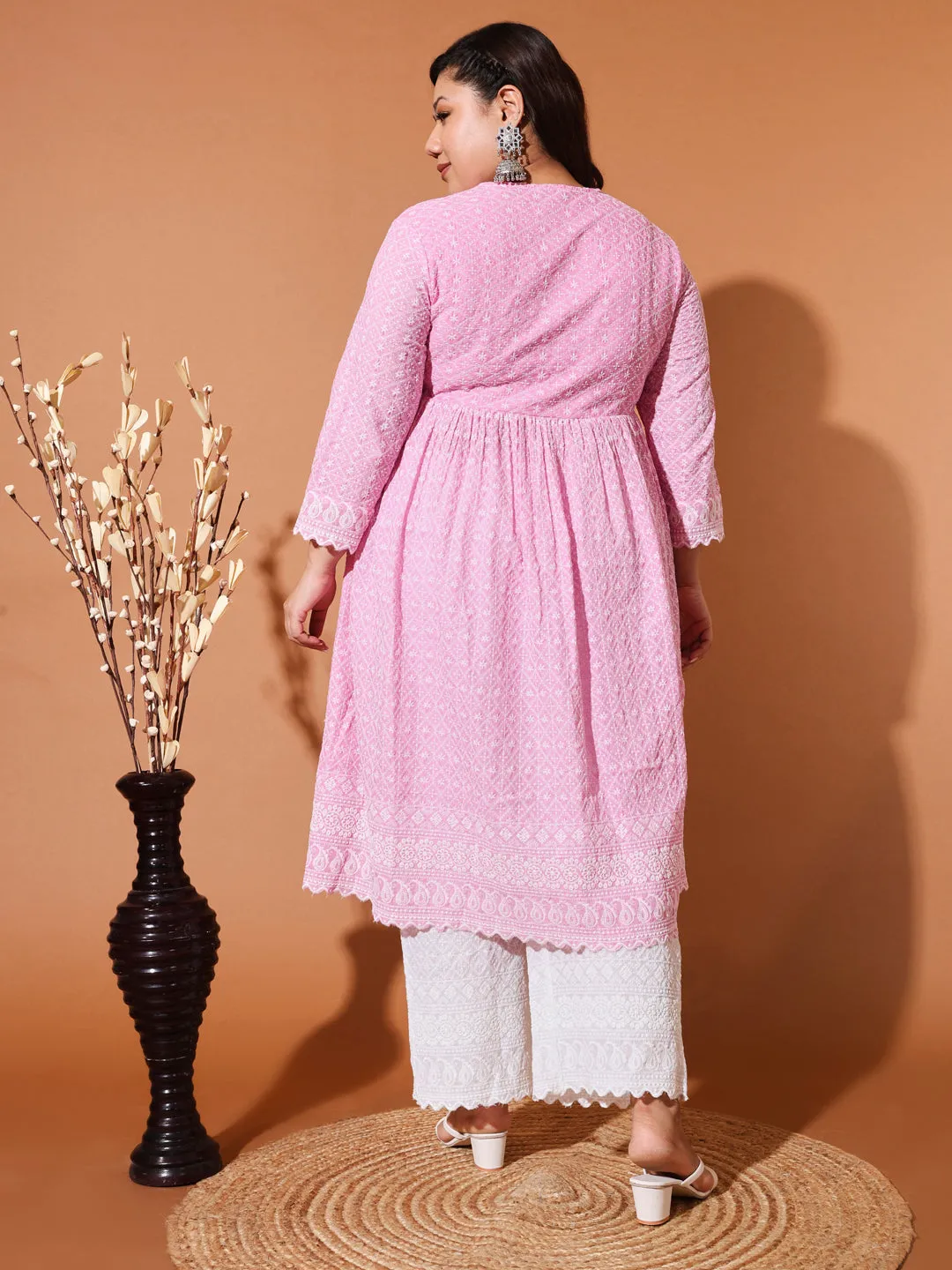 MIMI - PINK AND WHITE THREAD WORK KURTA PLUS CO-ORDS SET