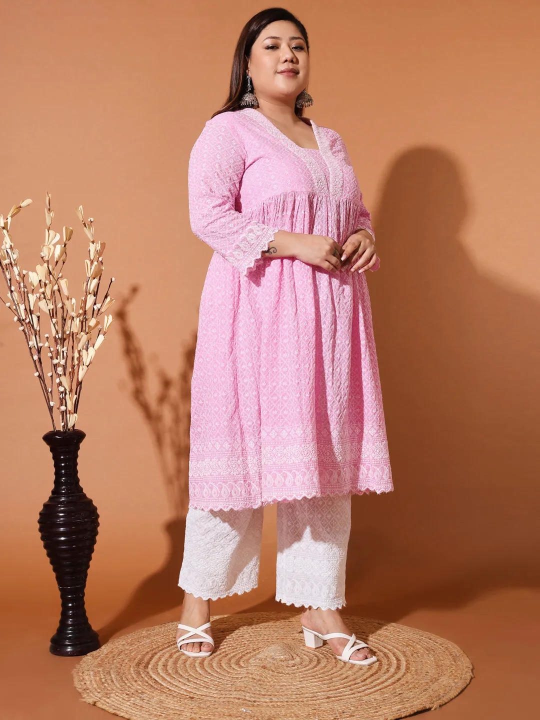 MIMI - PINK AND WHITE THREAD WORK KURTA PLUS CO-ORDS SET