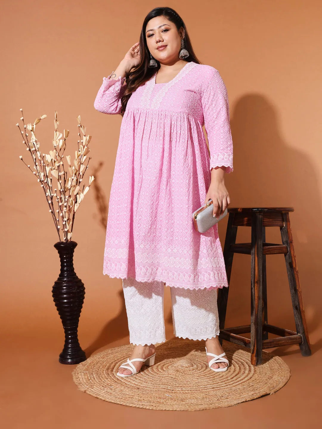 MIMI - PINK AND WHITE THREAD WORK KURTA PLUS CO-ORDS SET