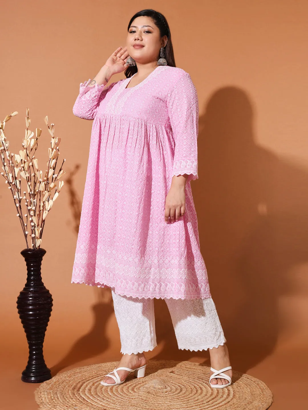 MIMI - PINK AND WHITE THREAD WORK KURTA PLUS CO-ORDS SET