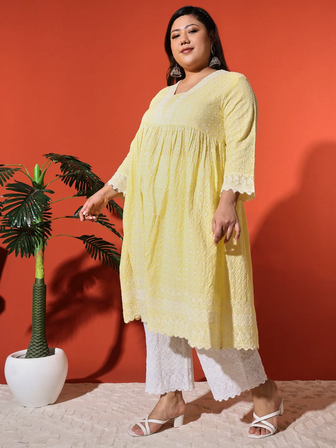 MIMI - YELLOW AND WHITE THREAD WORK KURTA PLUS CO-ORDS SET