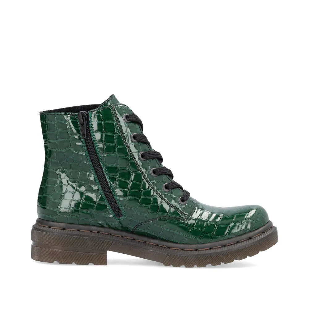 Rieker 78240-54 Tanne Green Croc Patent Lace-Up Ankle Boots