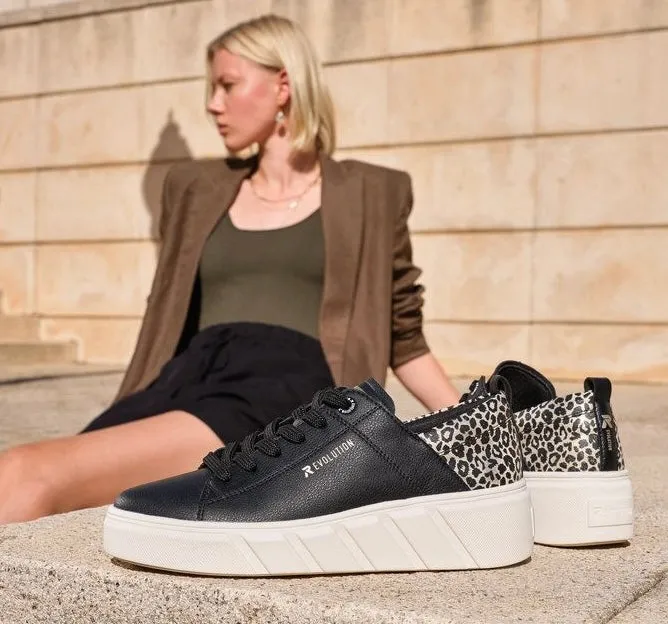 Rieker Evolution W0502-00 Rock Black And Leopard Print Trainers