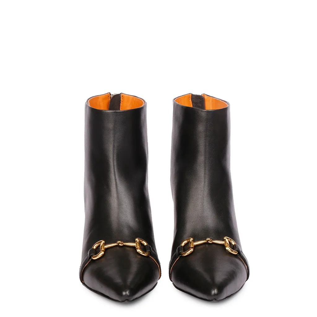 Saint Ashley Black Leather Gold Horsebit Décor Back Zip Boots