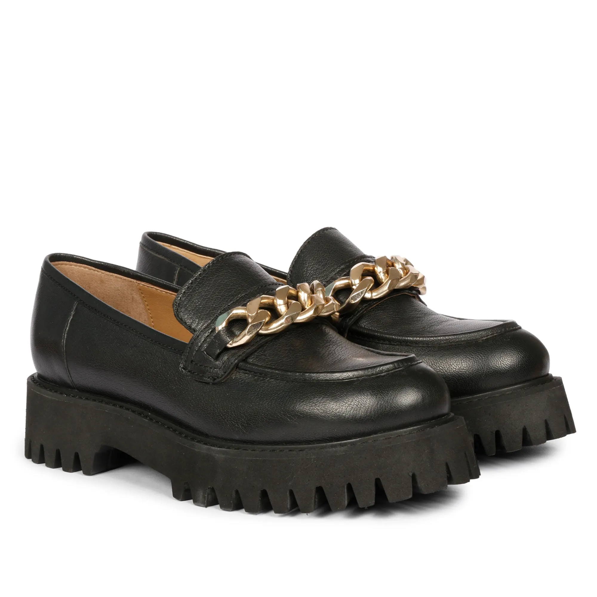 Saint Donna Gold Chain Embellished Black Leather Moccasins