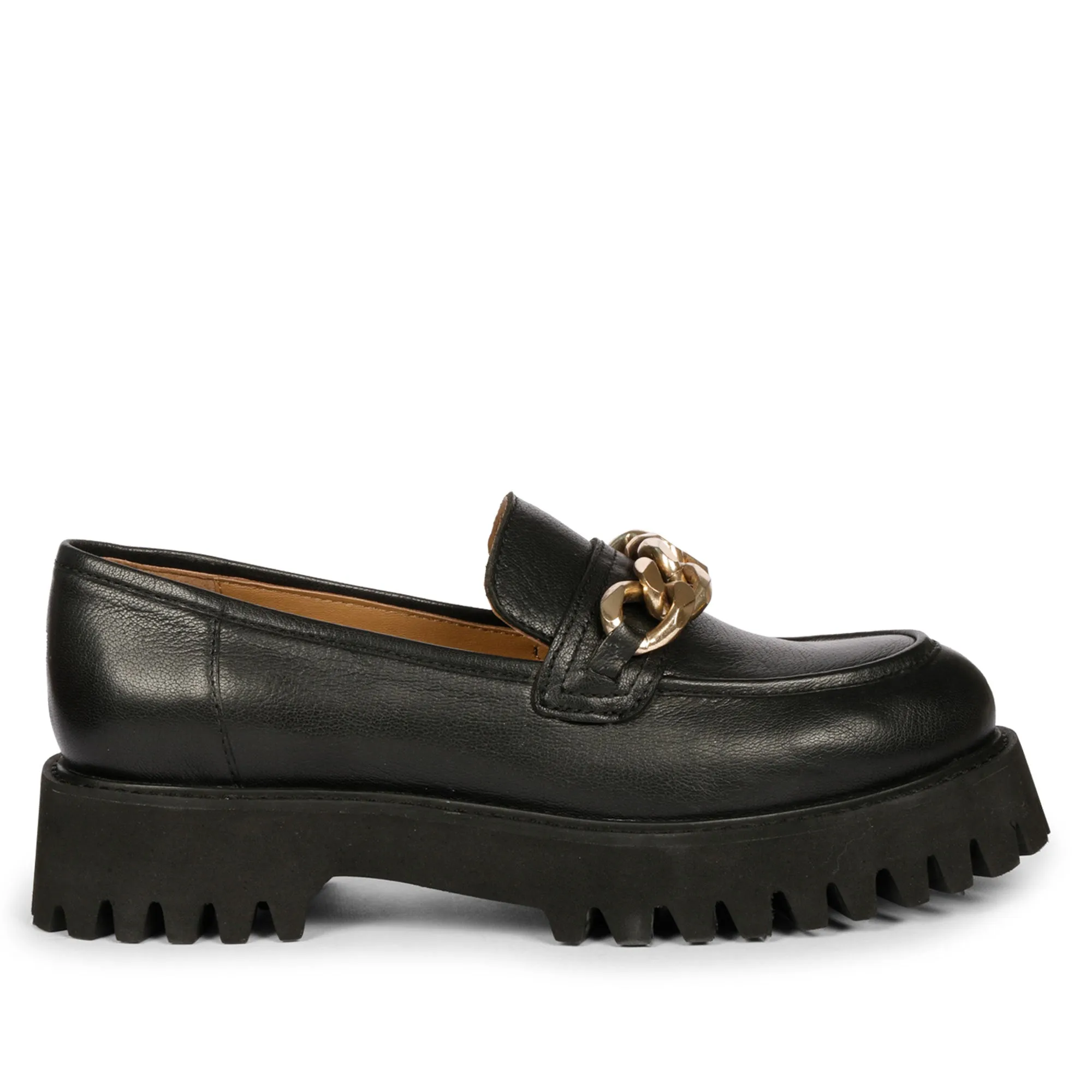 Saint Donna Gold Chain Embellished Black Leather Moccasins