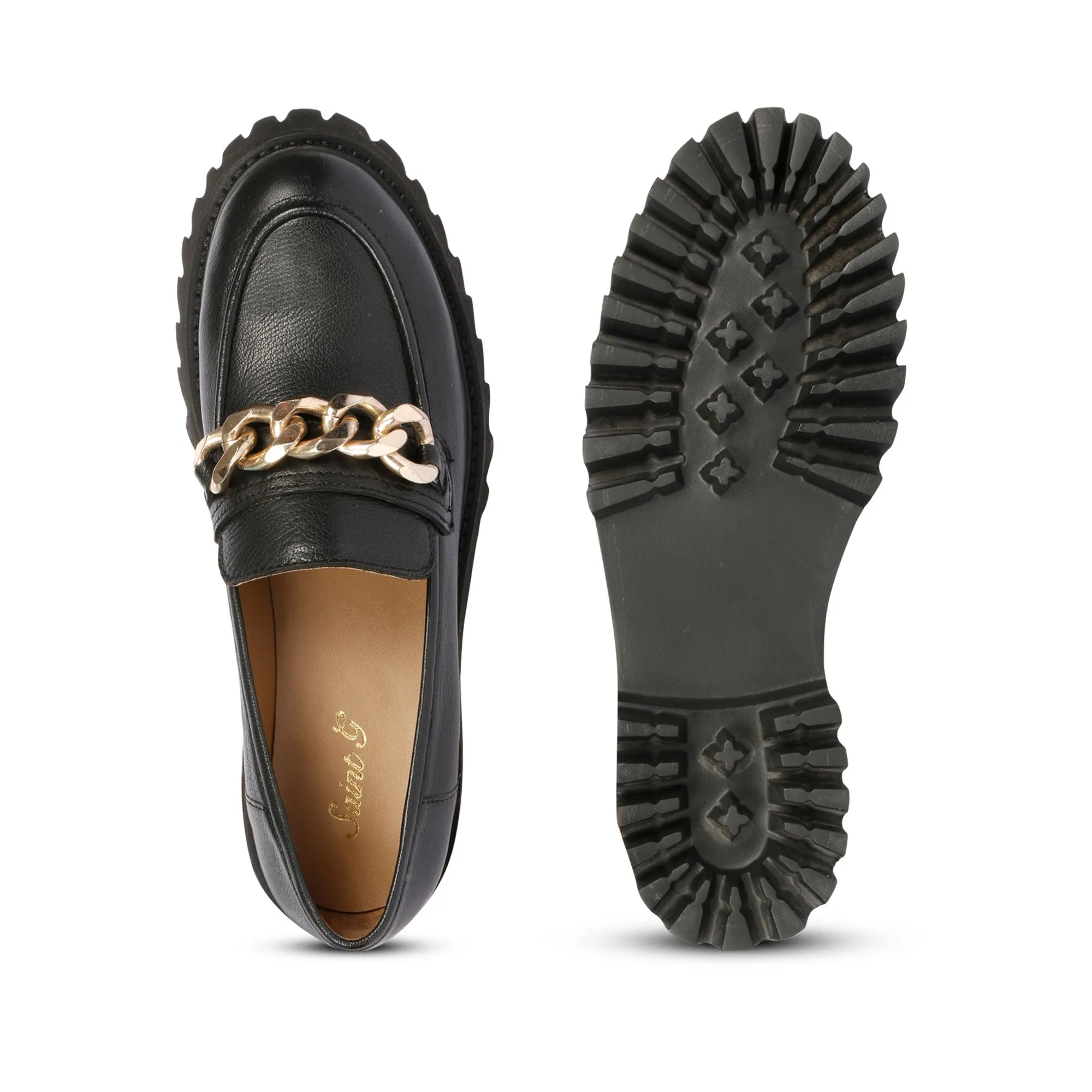 Saint Donna Gold Chain Embellished Black Leather Moccasins