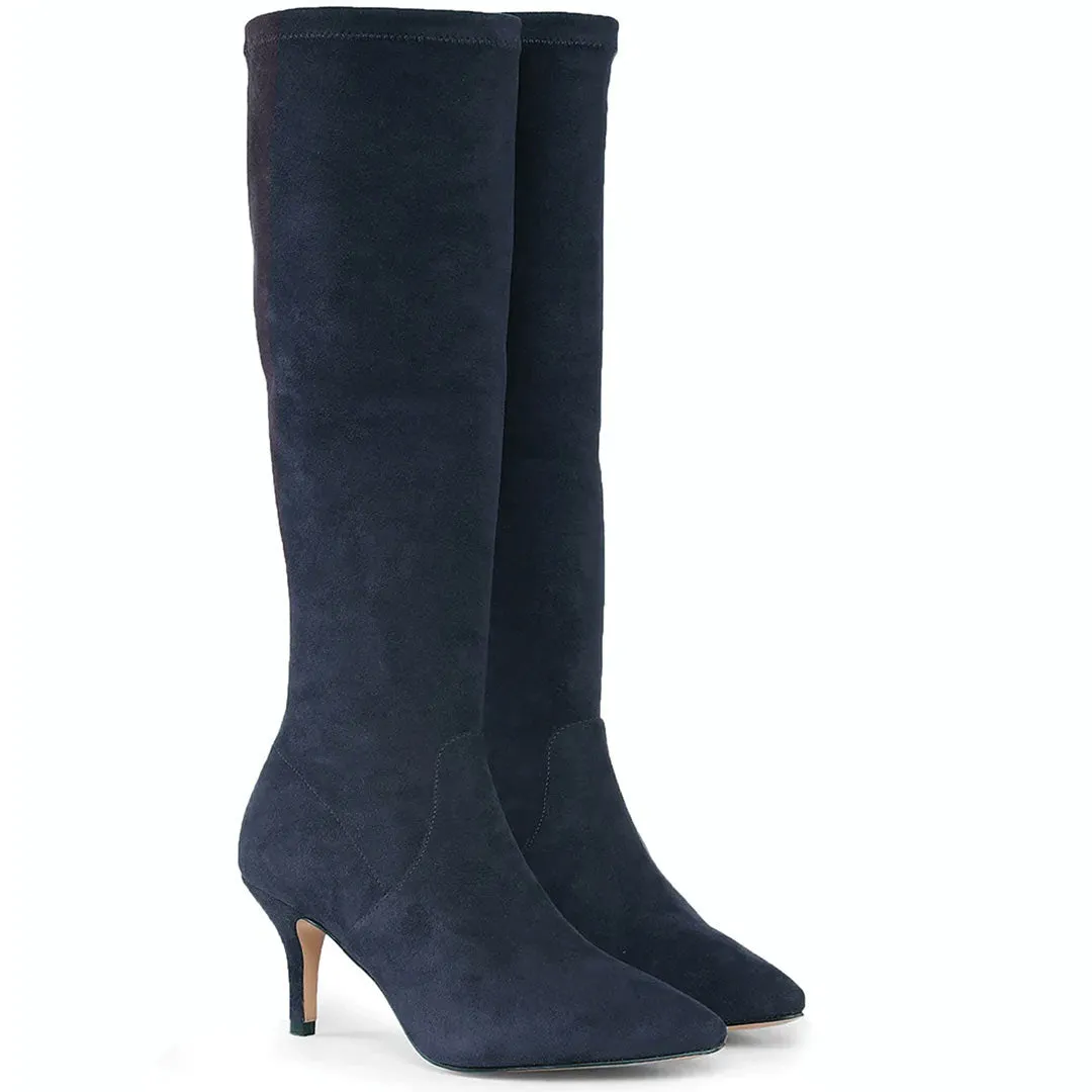 Saint Jemima Navy Stretch Suede Kitten Heel Long Boots