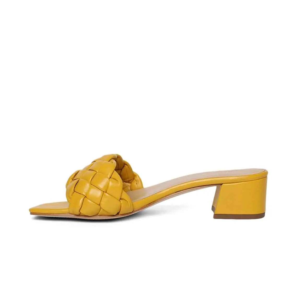 Saint Kate Mustard Woven Leather Block Heel Mules