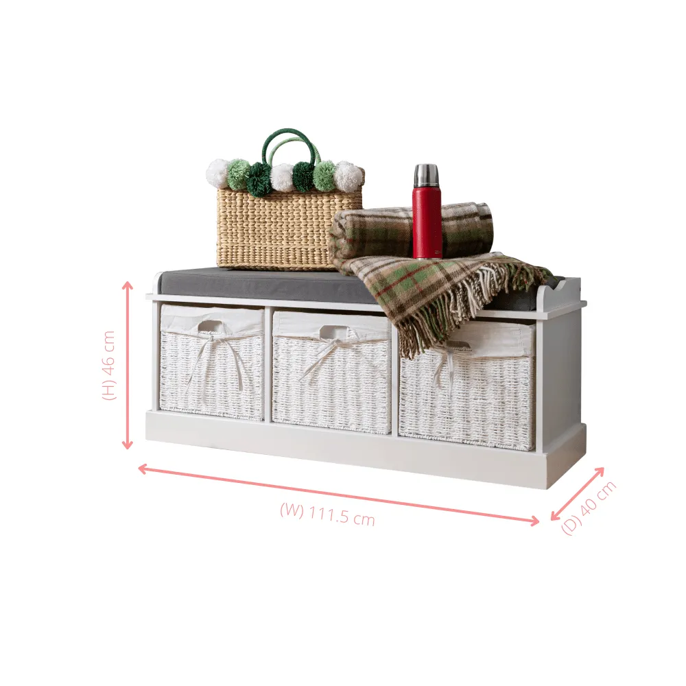 Stockholm Storage Bench with 3 Baskets in Classic White